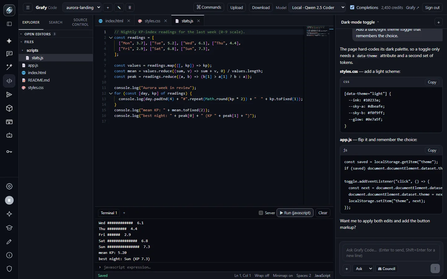 The terminal showing real output from running a JavaScript file