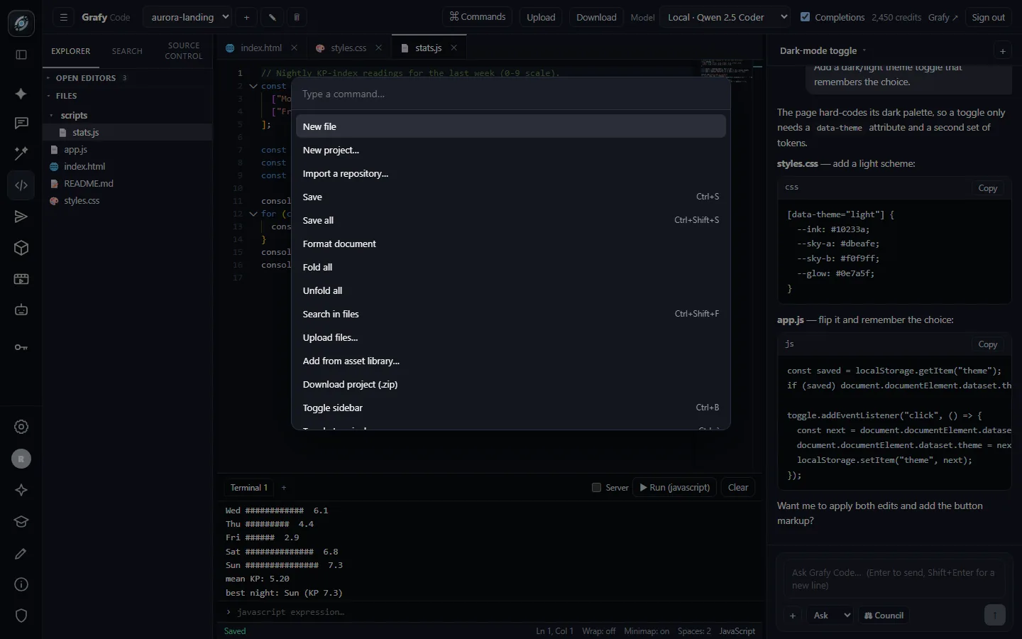 The command palette open over the editor