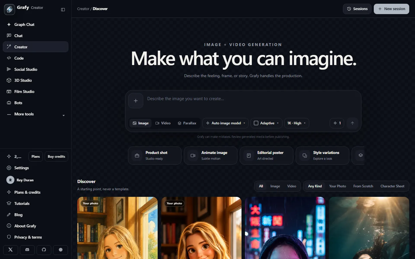 Creator hero with the composer and quick actions