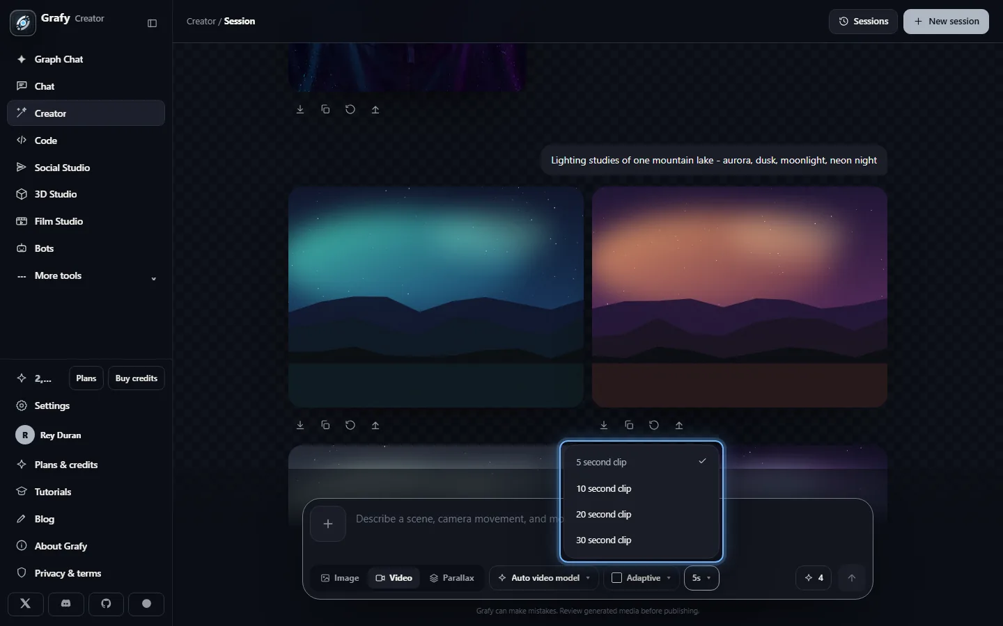 Video duration options open in the composer