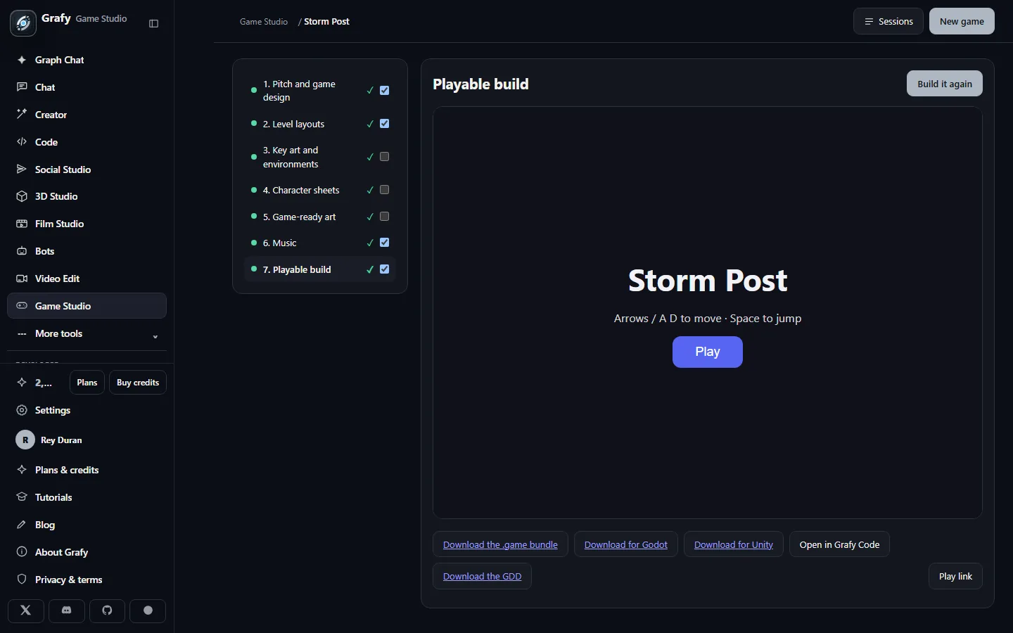 The build panel with the playable game embedded