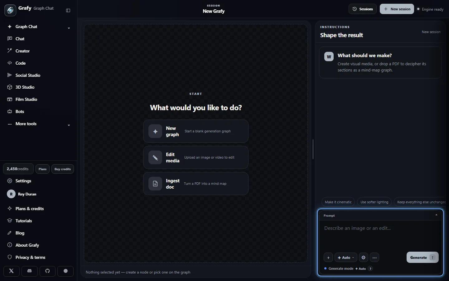 Grafy start screen with New graph, Edit media and Ingest doc options