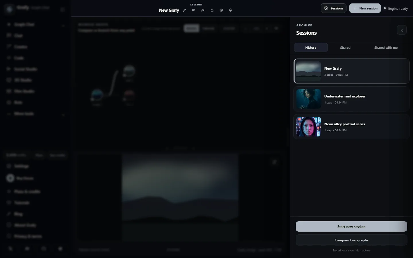 Session archive drawer with thumbnails