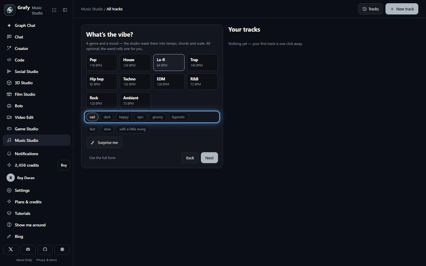 The simple-mode wizard's vibe stage with genre and mood chips