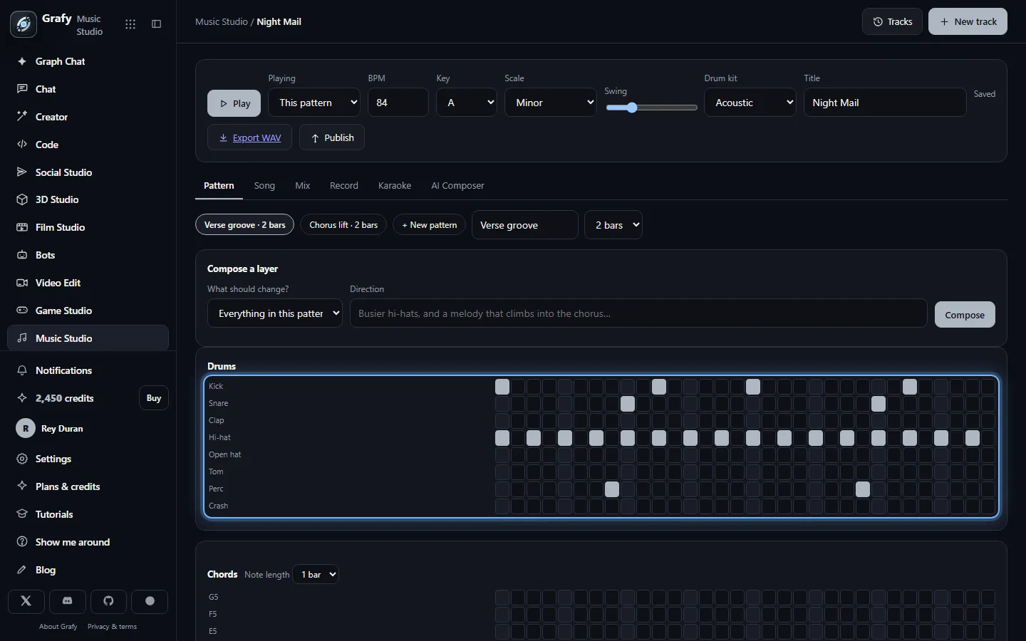 The step sequencer with the piano roll below it