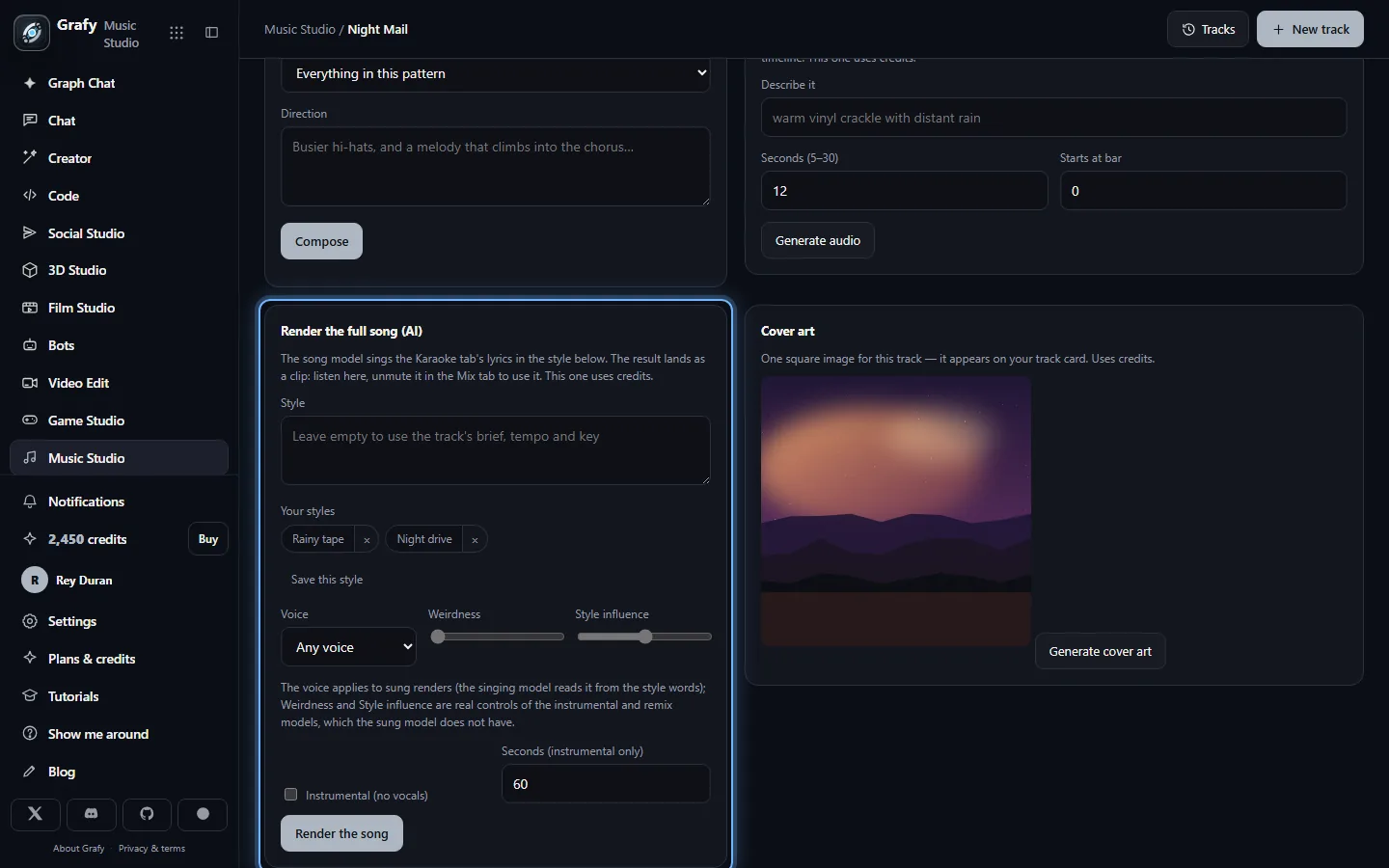 The AI Composer tab with the full-song render card, its knobs and cover art
