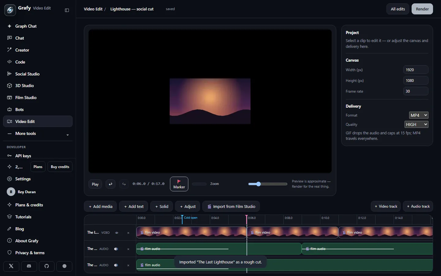 The Video Edit timeline with an imported film rough cut